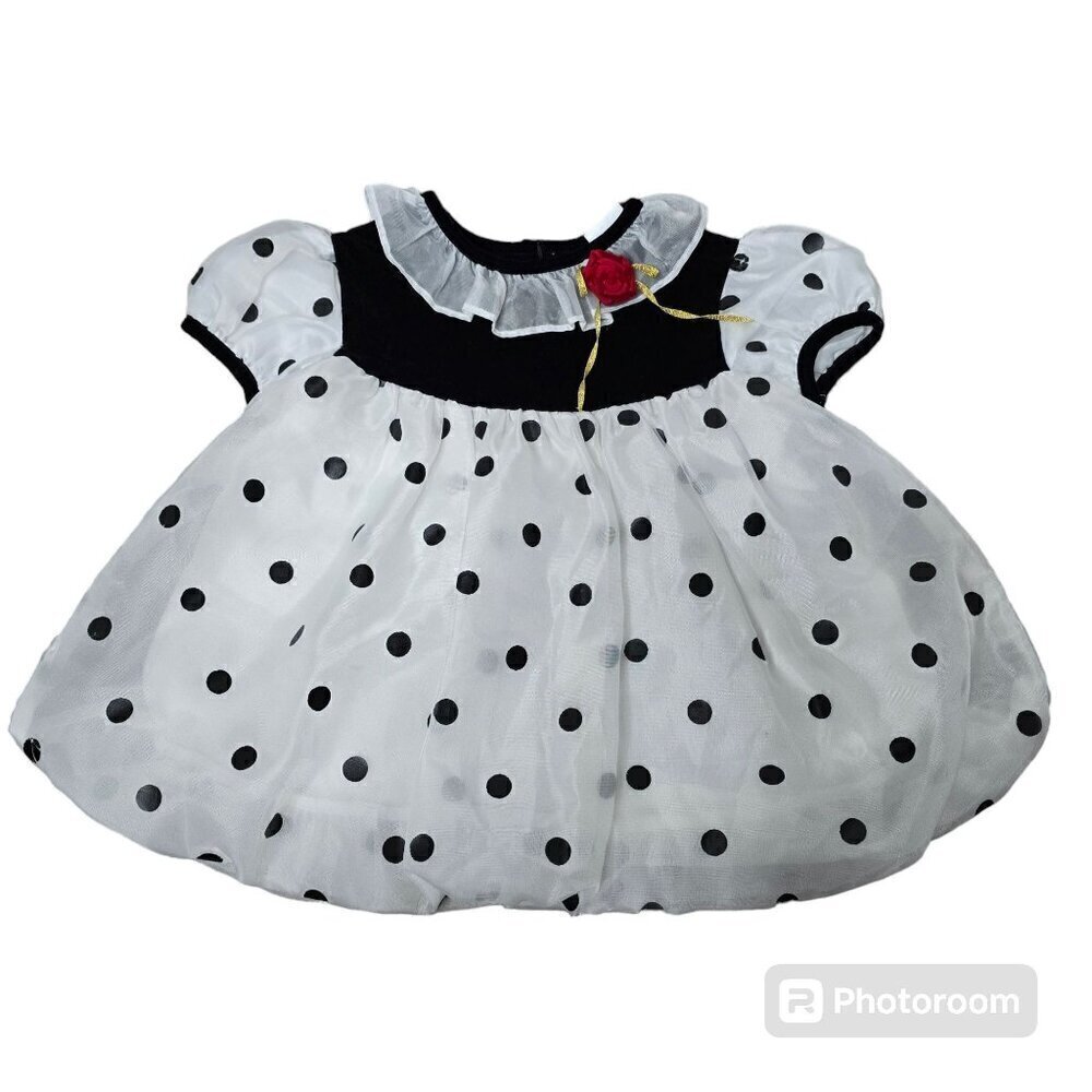 Vintage 80s 90s Black and White Polka Dot GIrls Dress Bubble Hem